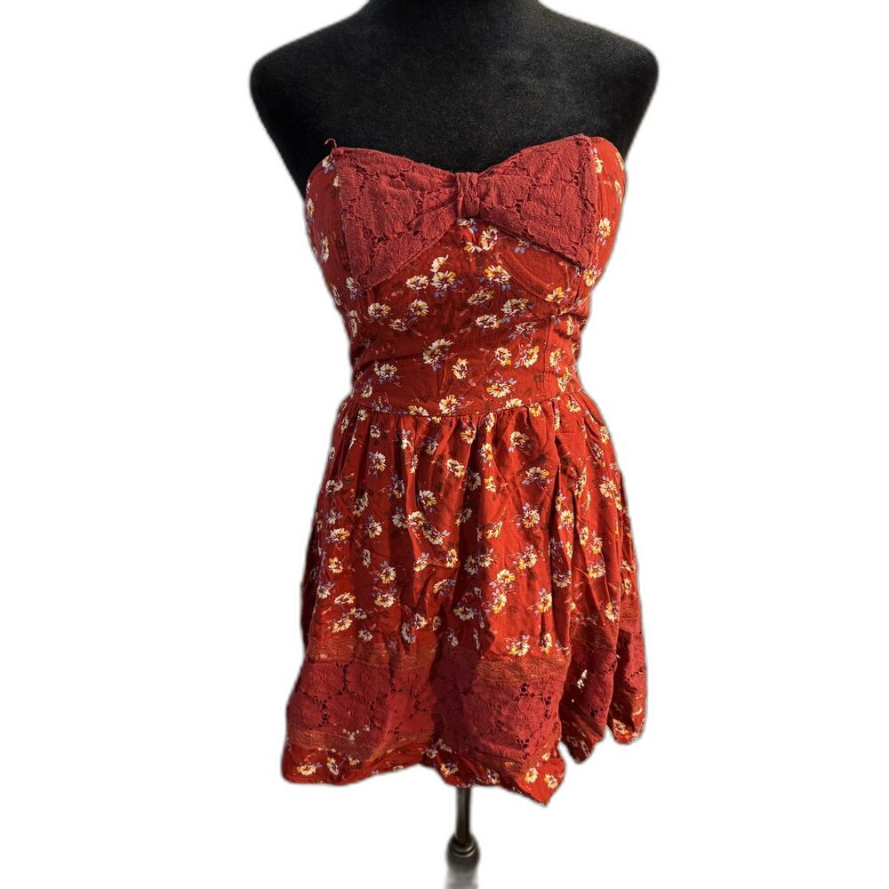 90s Grunge Red Floral Strapless Lace Bow Mini Dress — Padded Bust